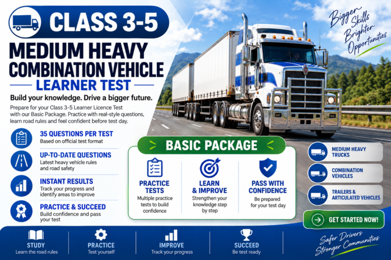 Class 3 – 5 | Medium Heavy Combination Vehicle Learner Test | Basic | 5 Tests